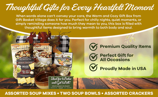 Warm and Cozy Gift Box with assorted soup mixes, two soup bowls, and assorted crackers