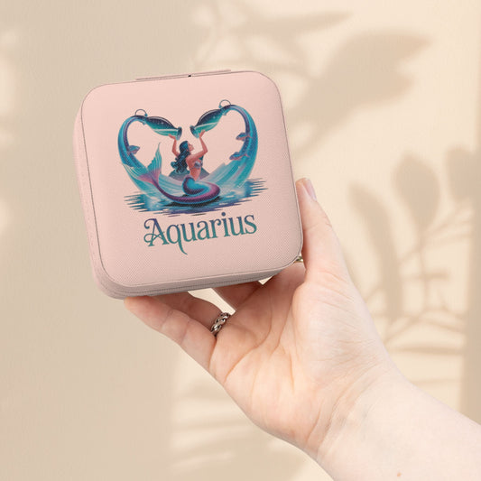 Compact zodiac travel jewelry case, pink with Aquarius graphic on front