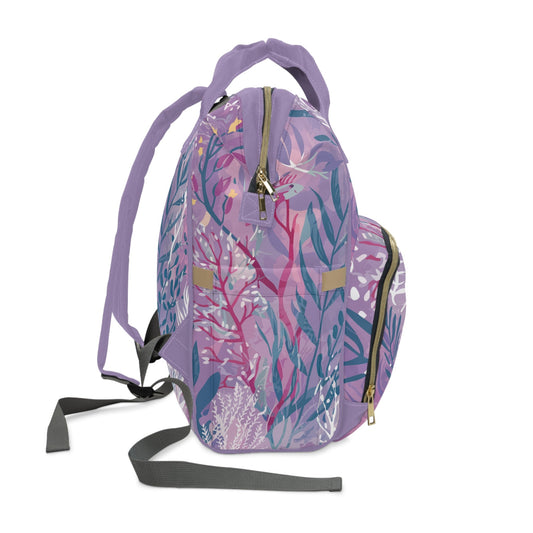Enchanted Underwater Garden Diaper Backpack – Dreamy Lavender Botanical Seaweed Print | Insulated Bottle Pockets | Large Capacity Nappy Bag | Baby Shower Gift