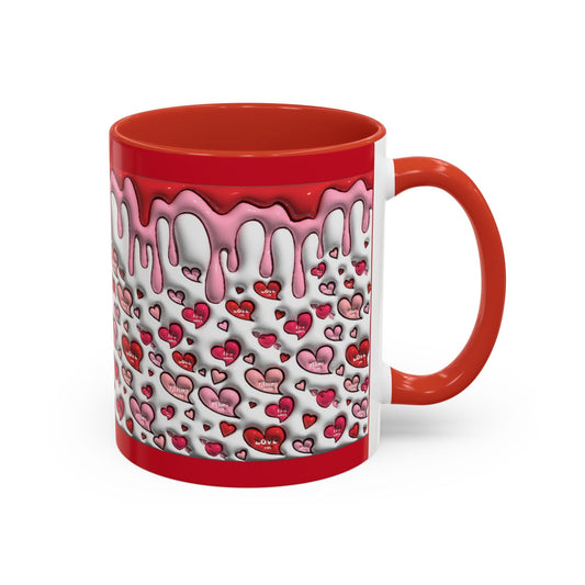 Red coffee mug with heart-and-drip pattern, red handle, white body with pink/red details