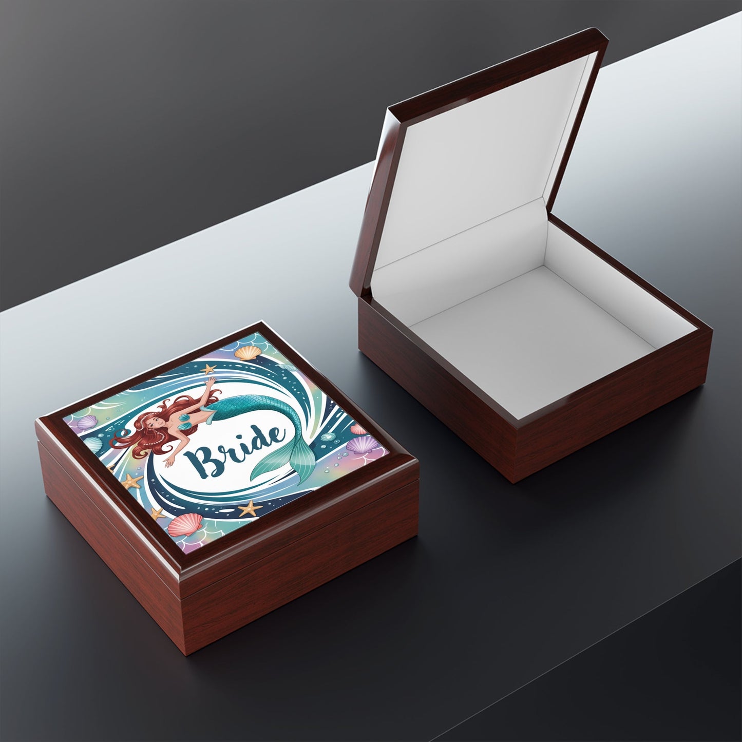 Mermaid Bride Jewelry Box – Illustrated Mermaid ‘Bride’ Keepsake Box | Rubberwood | Ebony Black, Golden Oak or Red Mahogany | Beach Wedding Bridal Gift