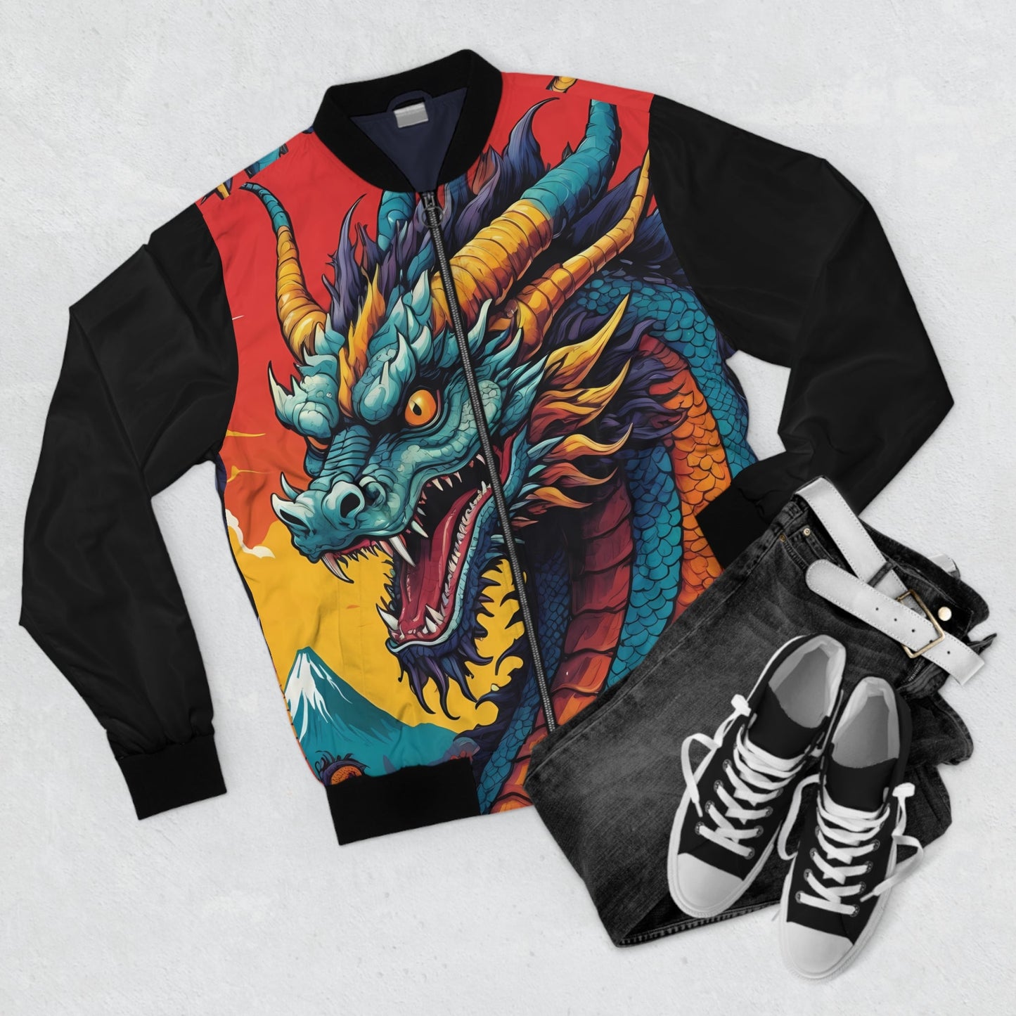 Japanese Dragon Bomber Jacket - Teal Dragon Mount Fuji Anime Streetwear, Fantasy Fashion for Men and Women XS to 5XL