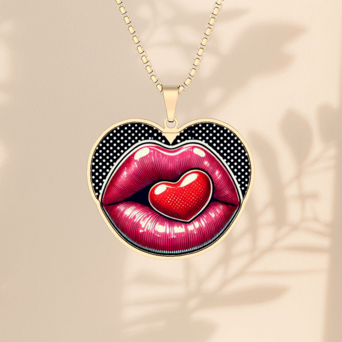Heart Lips Pendant Necklace - Engraved Heart and Lips Charm in Stainless Steel, Gold Plated, or Sterling Silver, Love Jewelry Gift