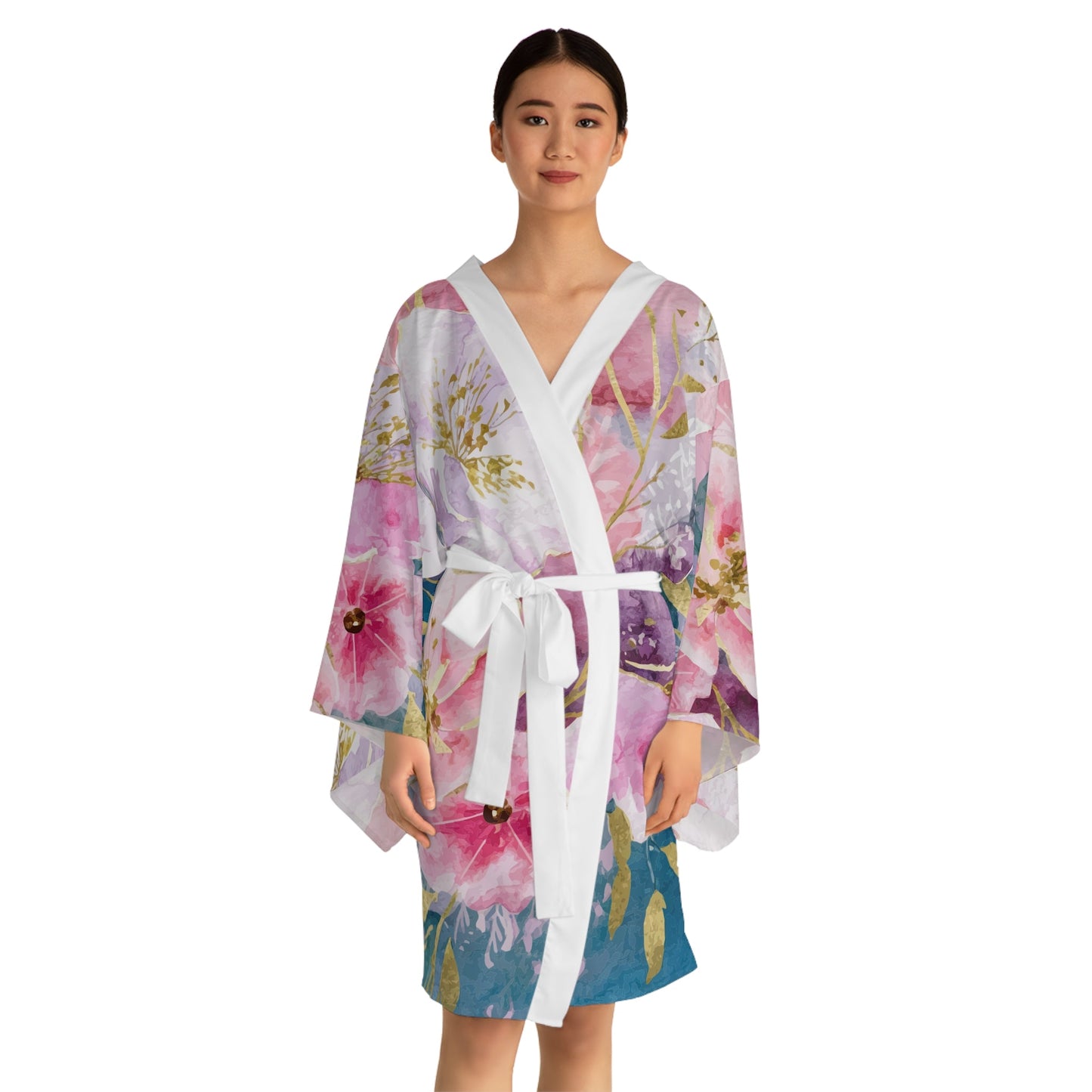 Pastel Roses Kimono Robe - Long Sleeve Floral Wrap for Lounging, Spa Days, Beach Cover-Ups, and Resort Wear XS to 2XL