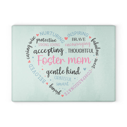 Foster Mom Glass Cutting Board – Heart Word Cloud Design | Tempered Glass | 2 Sizes | Meaningful Gift for Foster Mom