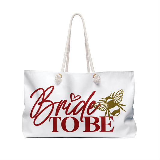 White canvas weekender tote bag with 'Bride To Be' lettering and gold butterfly