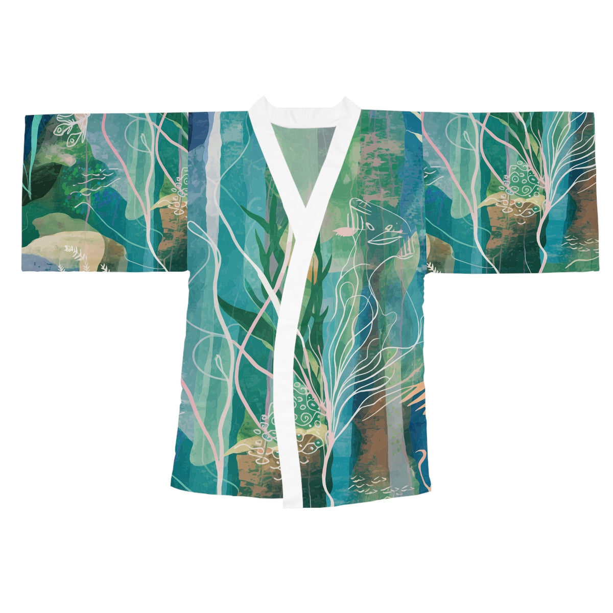 Ocean Seaweed Kimono Robe - Long Sleeve Coastal Wrap with Flowing Fit for Beach Cover-Ups, Lounging, and Resort Wear XS to 2XL