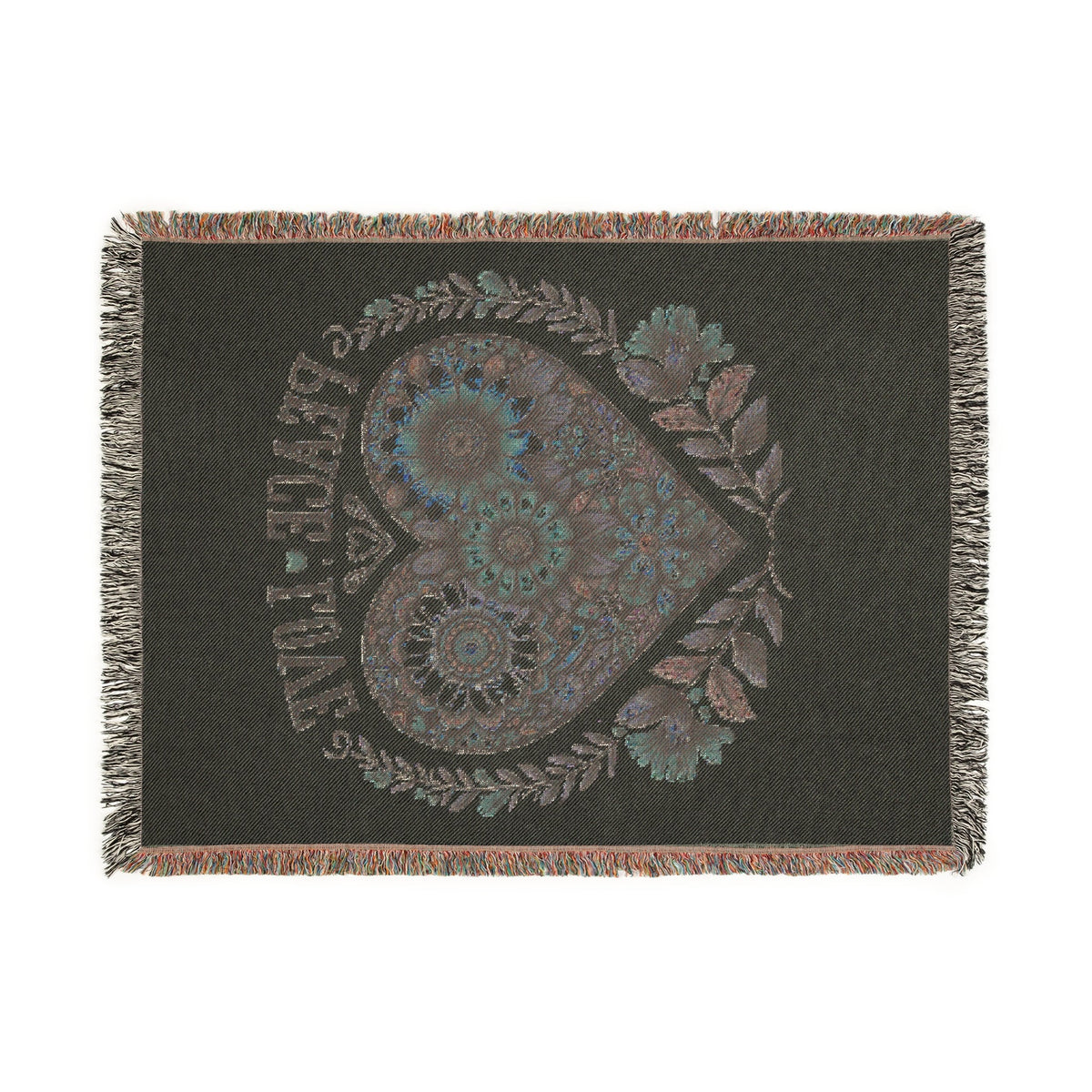 Peace Love Floral Heart Woven Tapestry Throw – Boho Botanical Sunflower & Wildflower Cotton Blanket | Fringe Edges | 3 Sizes | Cottagecore Home Decor Gift