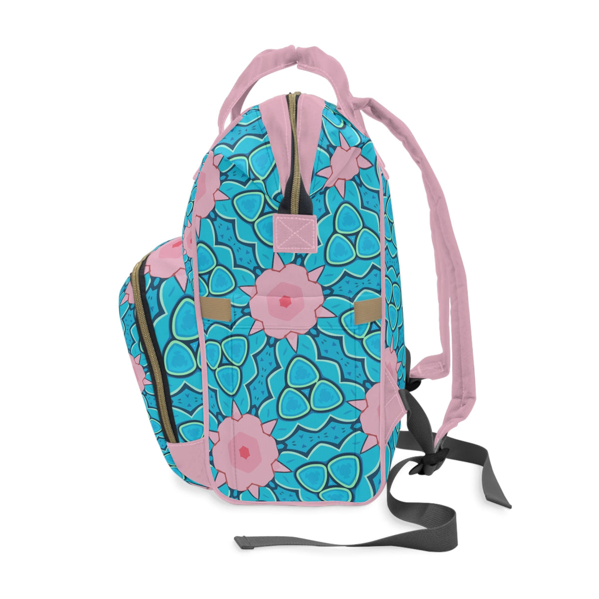 Aqua & Pink Lotus Scale Diaper Backpack – Turquoise Floral Pattern | Large Capacity Nappy Bag | Multiple Pockets | Baby Shower & New Mum Gift