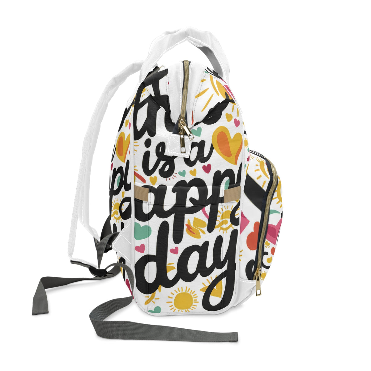 This Is A Happy Day Diaper Backpack – Colourful Hearts & Sunshine Print | Insulated Bottle Pockets | Large Capacity Nappy Bag | Baby Shower & New Mum Gift