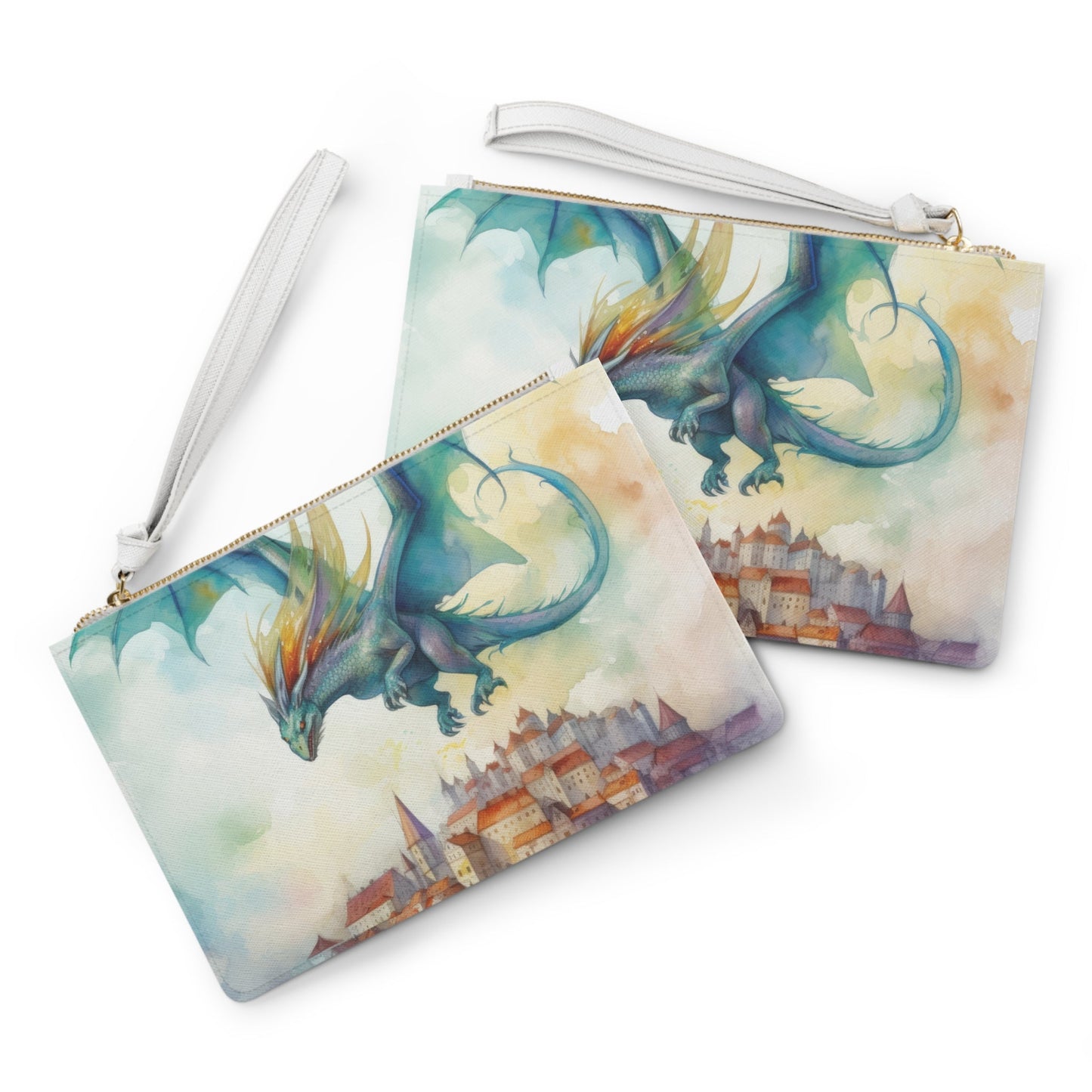 Dragon Watching Over Us Clutch Bag - Watercolor Dragon Over Fairy-Tale Town Wristlet in Saffiano PU Leather, Dragon Protection Gift for Her