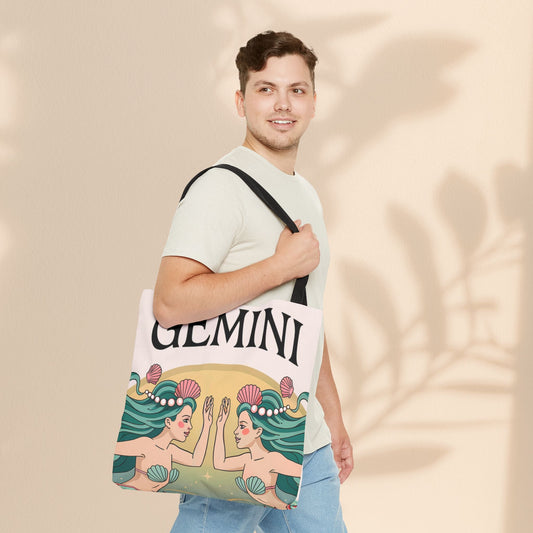 Zodiac tote bag with GEMINI print, twin face illustration, black strap on model
