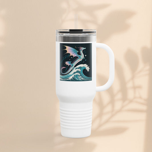 White insulated travel mug with handle, clear lid, straw; teal dragon and ocean graphic