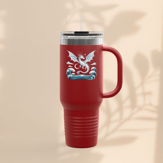Insulated travel mug in red with dragon graphic, clear lid and side handle