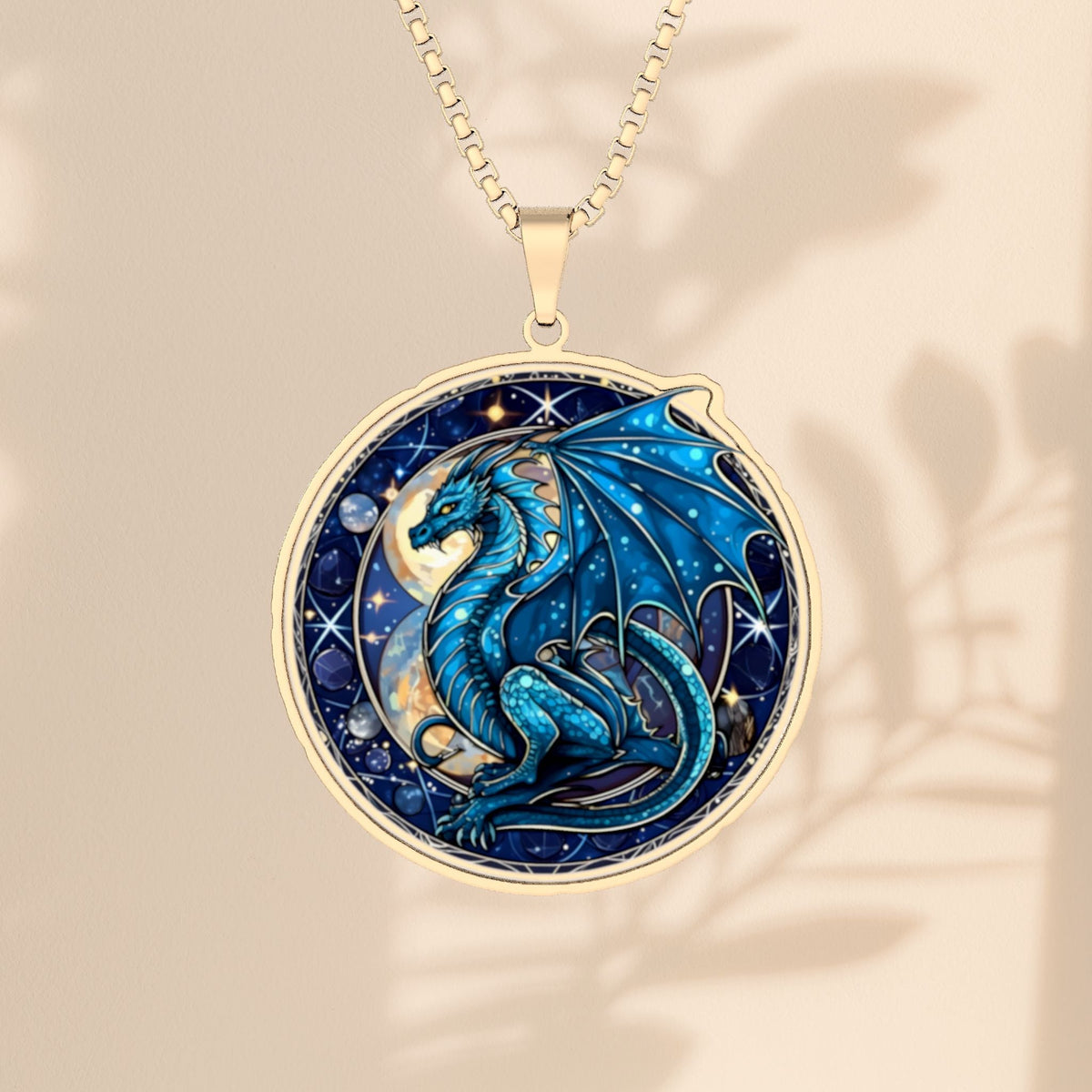 Blue Dragon Necklace - Celestial Blue Dragon Pendant with Moon and Stars, Fantasy Dragon Jewelry Gift in Stainless Steel, Gold, or Sterling Silver