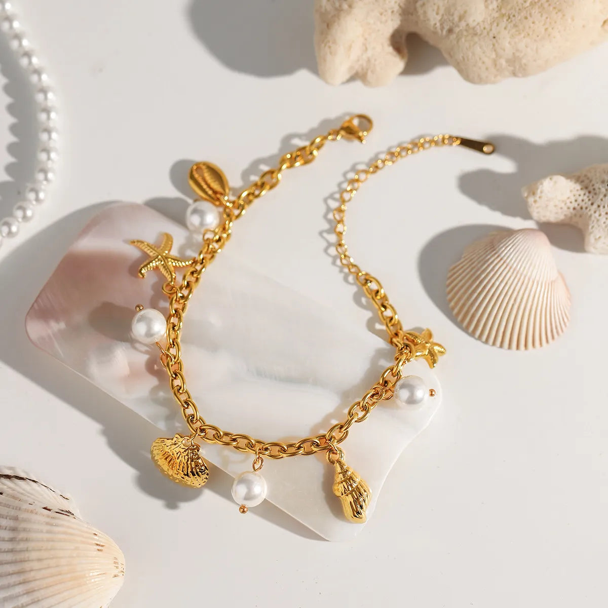 Gold Ocean Charm Bracelet – Starfish, Seashell, Seahorse & Pearl | 18K Gold Plated Stainless Steel | Adjustable 9.1" | Coastal Jewellery Gift for Her