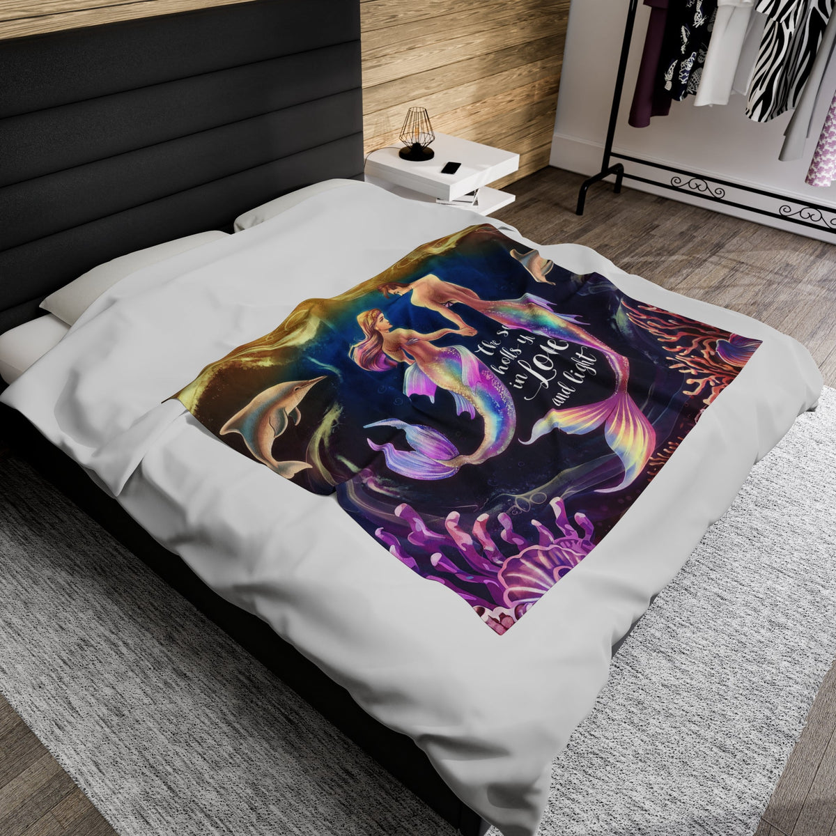 Mermaid Love Velveteen Plush Blanket – Romantic Mermaid Couple with Dolphins ‘The Sea Holds You in Love and Light’ | 3 Sizes | Ocean Fantasy Art Throw