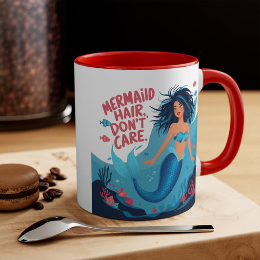 Mermaid Hair Don't Care Accent Mug – Wild Teal Mermaid Underwater Scene | 11oz White Ceramic Blue Green Pink or Red | Ocean Attitude Coffee Gift