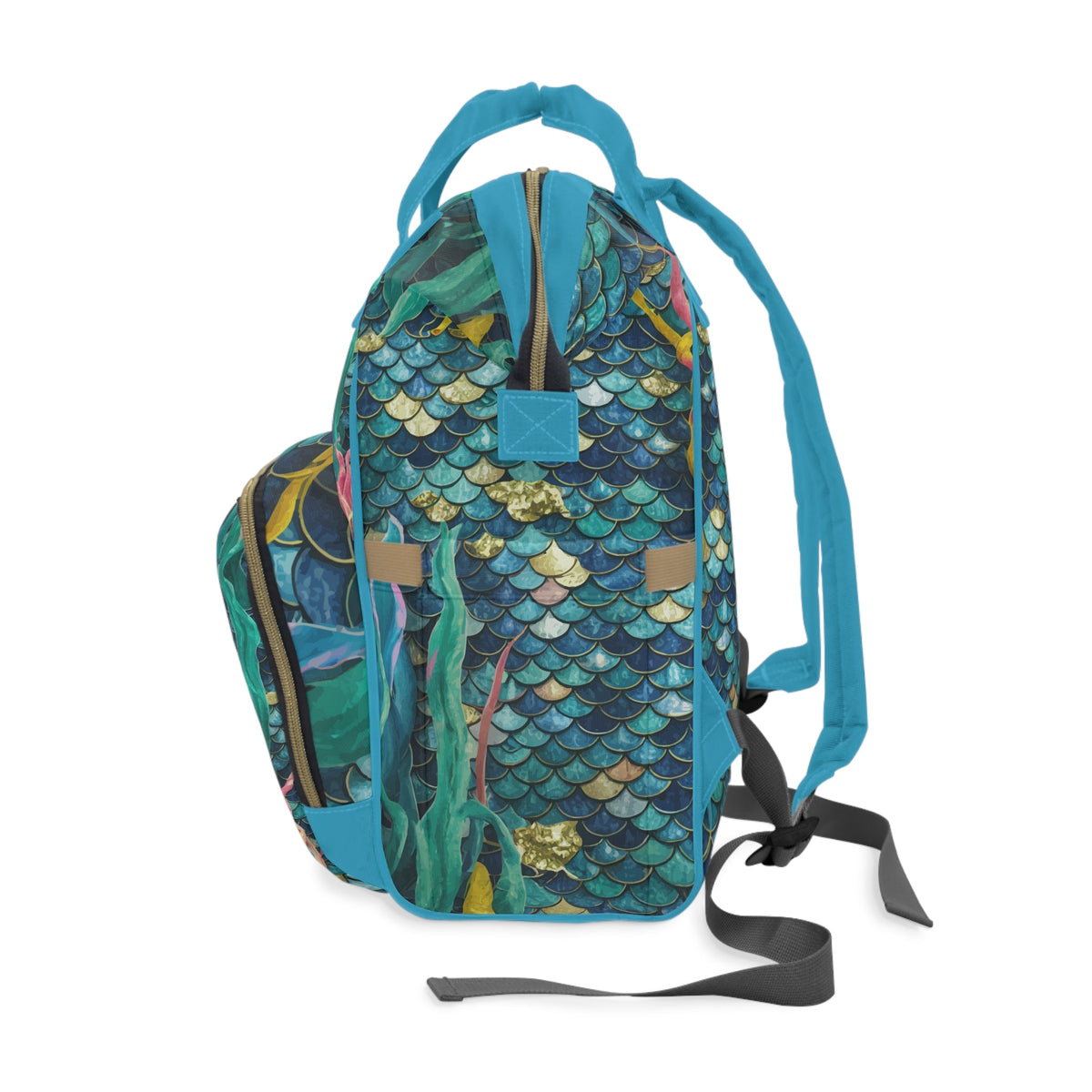 Deep Sea Mermaid Scale Diaper Backpack – Iridescent Teal & Gold Scales with Flowing Seaweed | Insulated Bottle Pockets | Large Capacity Nappy Bag | Baby Shower Gift