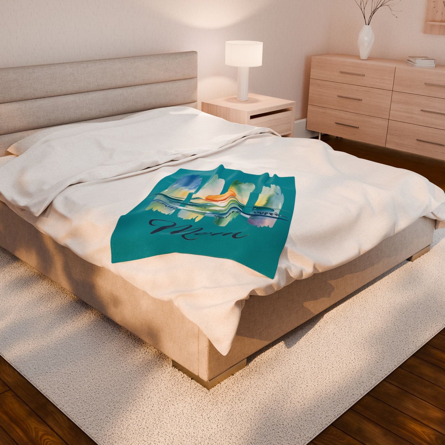 Ocean Loving Mom Velveteen Plush Blanket – Watercolour Sunset Ocean Design | Super Soft Polyester | 3 Sizes | Mother’s Day Gift for Ocean Loving Mom