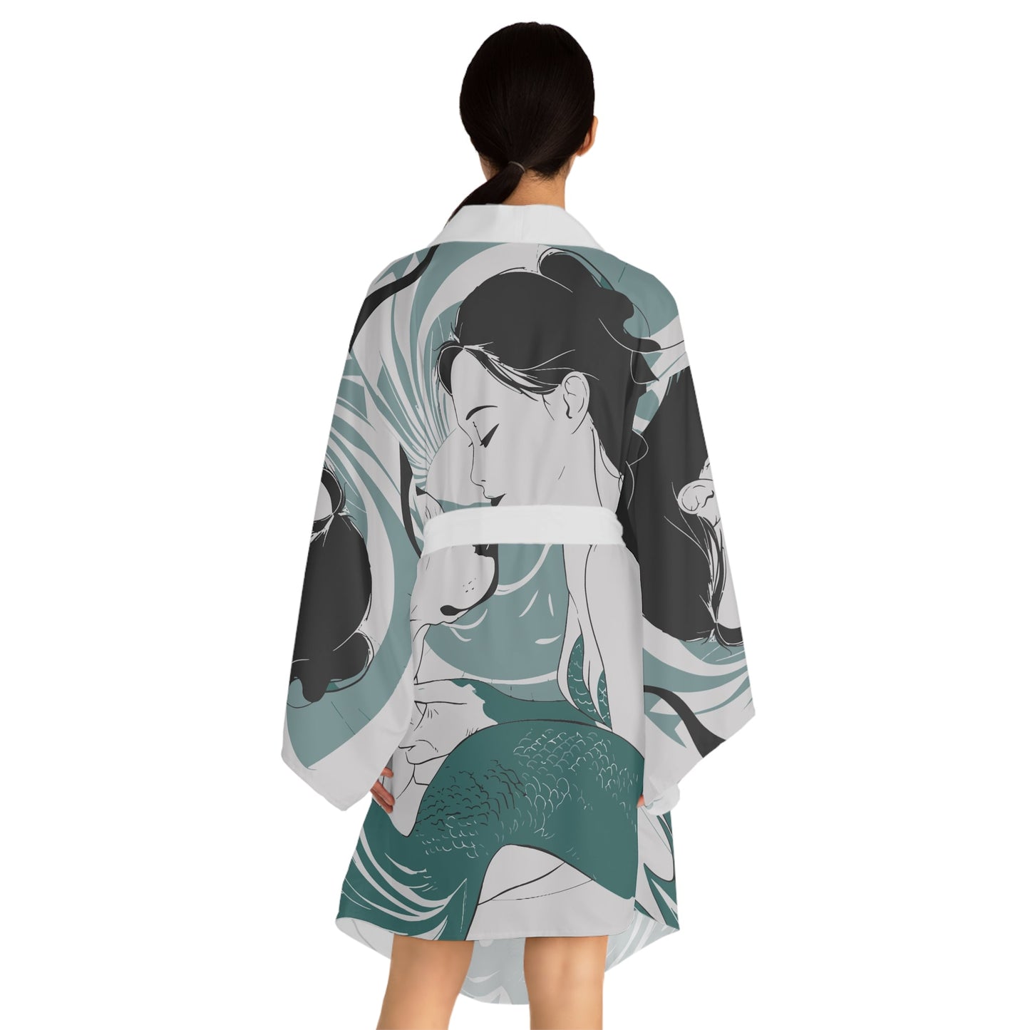 Mermaid with Labrador Kimono Robe - Long Sleeve Ocean-Themed Dog Lover Wrap, Lounge Layer, and Beach Cover-Up XS to 2XL
