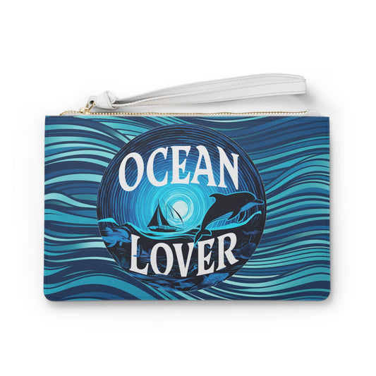 Blue ocean wave clutch bag with gold zipper, round 'Ocean Lover' dolphin graphic