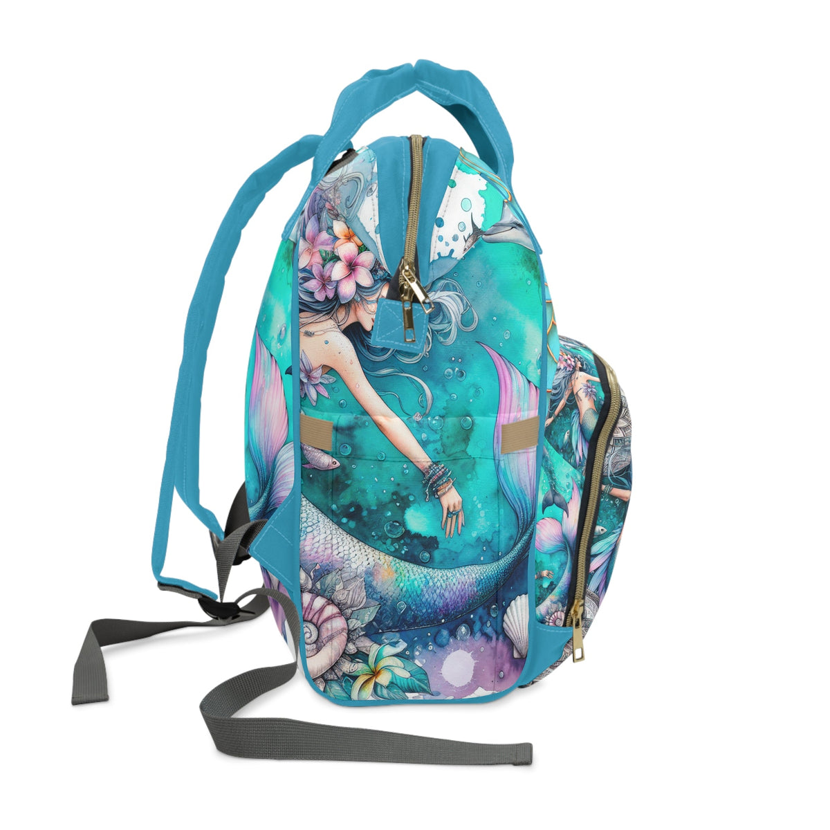 Mermaid & Dolphin Watercolour Art Diaper Backpack – Gold Scale Detail & Floral Mermaid Scene | Insulated Pockets | Large Capacity Nappy Bag | Baby Shower Gift