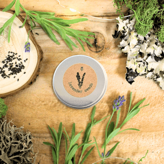 Herbal tea seed tin with “lavender seeds” label and round silver lid