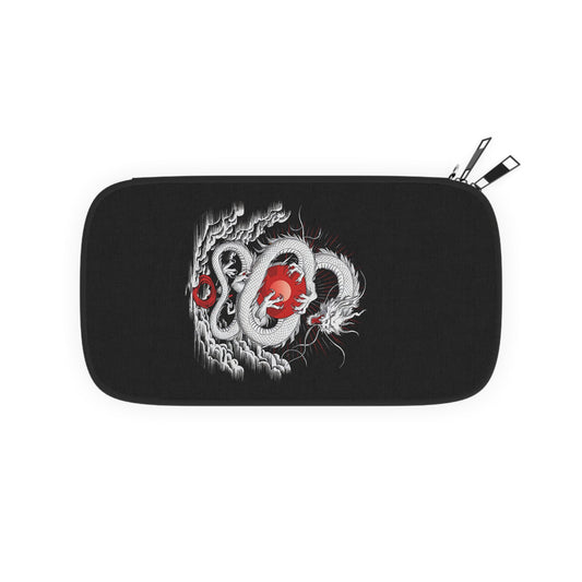 Black zip passport wallet with large dragon graphic on front