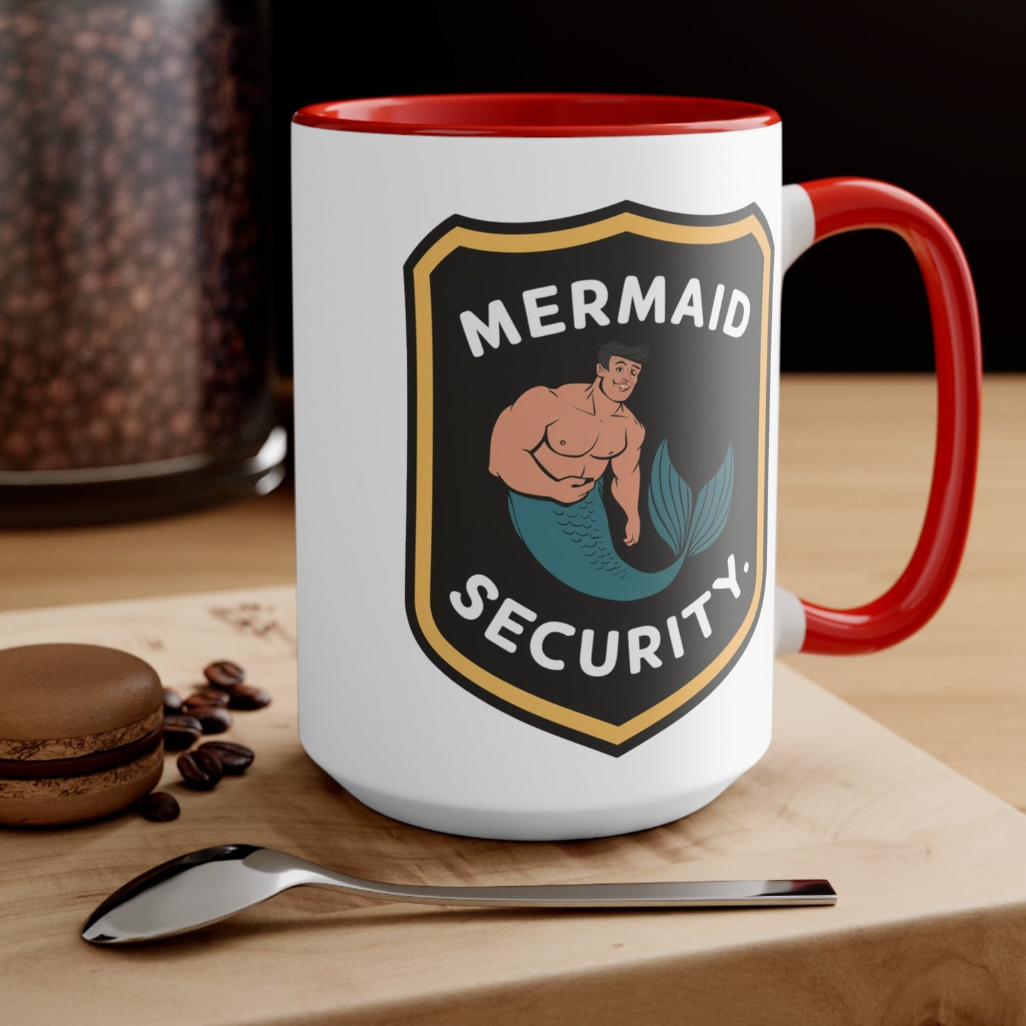 Mermaid Security Accent Mug – Funny Merman Security Badge Design | 11oz & 15oz | Pink Red Black | Funny Mermaid Gift