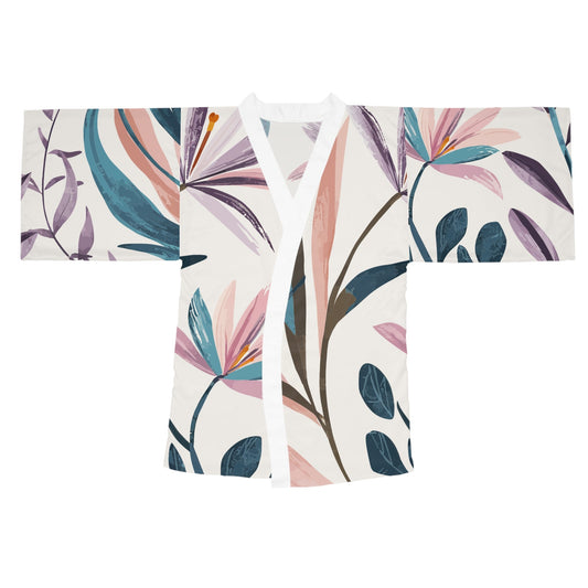 Breeze Kimono - Belted Botanical Print Wrap Robe with Wide Angel Sleeves in Abstract Painterly Leaf Design, Boho Beach Cover-Up XS to 2XL