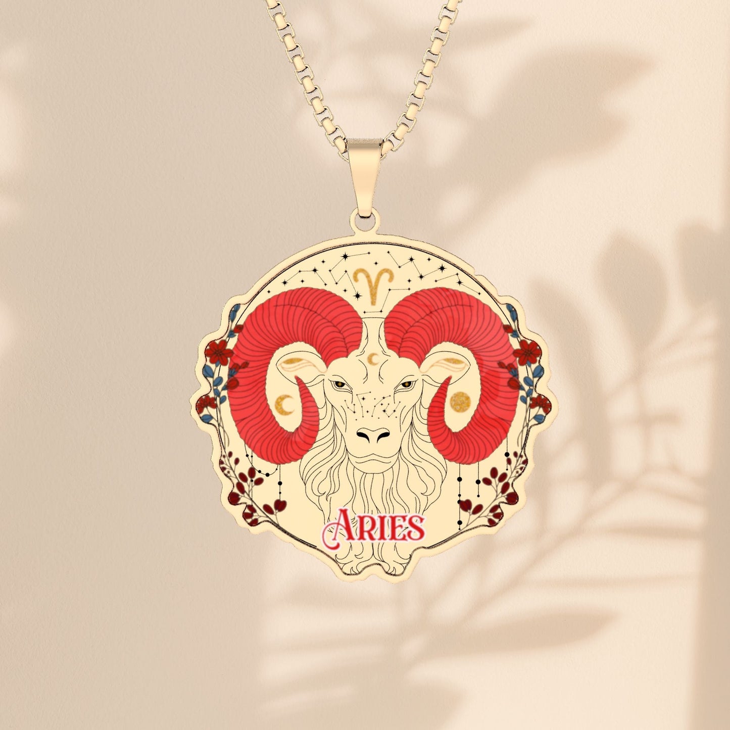 Aries Ram Zodiac Necklace - Celestial Aries Pendant with Red Horns, Constellation, and Floral Border in Stainless Steel, Gold, or Silver