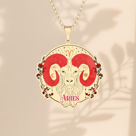 Aries Ram Zodiac Necklace - Celestial Aries Pendant with Red Horns, Constellation, and Floral Border in Stainless Steel, Gold, or Silver