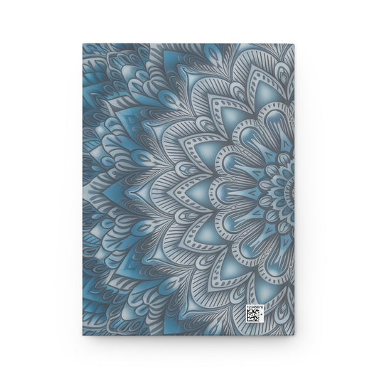 Matte hardcover journal cover with blue and gray mandala pattern, small QR code