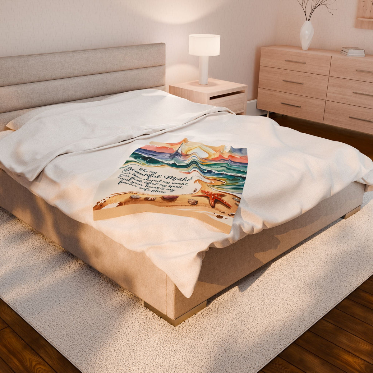 To My Beautiful Mother Velveteen Plush Blanket – Ocean Sunset Watercolour Beach Scene | Your Love Shaped My World | 3 Sizes | Gift for Mom