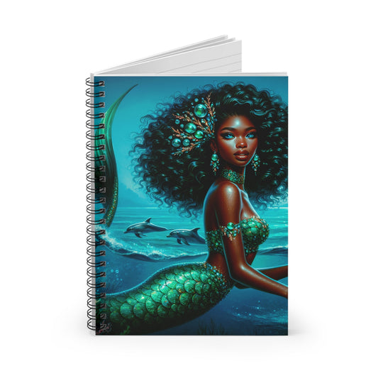 Mermaid Life Spiral Notebook – Black Mermaid Queen Emerald Green Jewel Cover | 118 Ruled Pages 6” × 8” | Ocean Fantasy Journal Stationery Gift