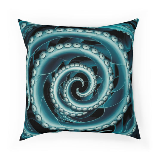Octopus Spiral Tentacle Cushion – Hypnotic Bioluminescent Teal & Black Deep Sea Art | Cotton Cover | Double-Sided Print | 3 Sizes | Gothic Ocean Home Decor
