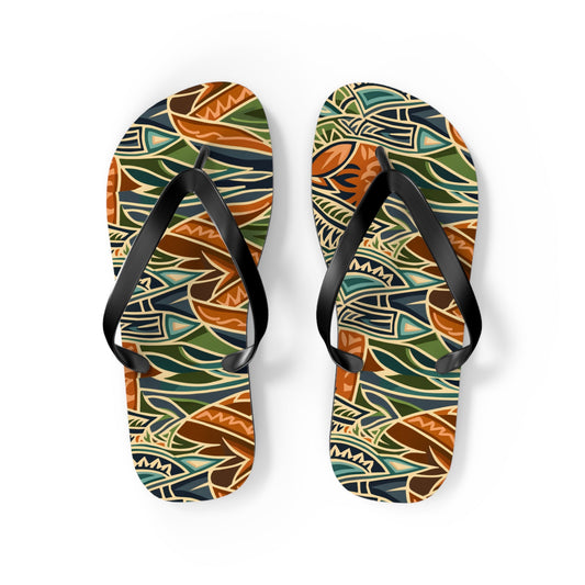 Tribal-print flip-flops in orange, teal, and green with black thong straps, front view