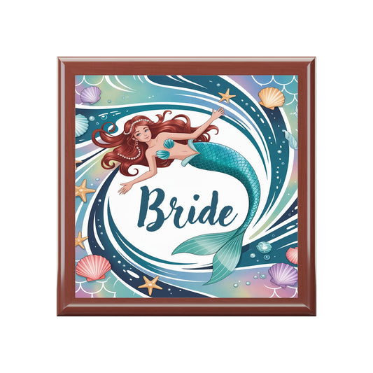 Mermaid Bride Jewelry Box – Illustrated Mermaid ‘Bride’ Keepsake Box | Rubberwood | Ebony Black, Golden Oak or Red Mahogany | Beach Wedding Bridal Gift