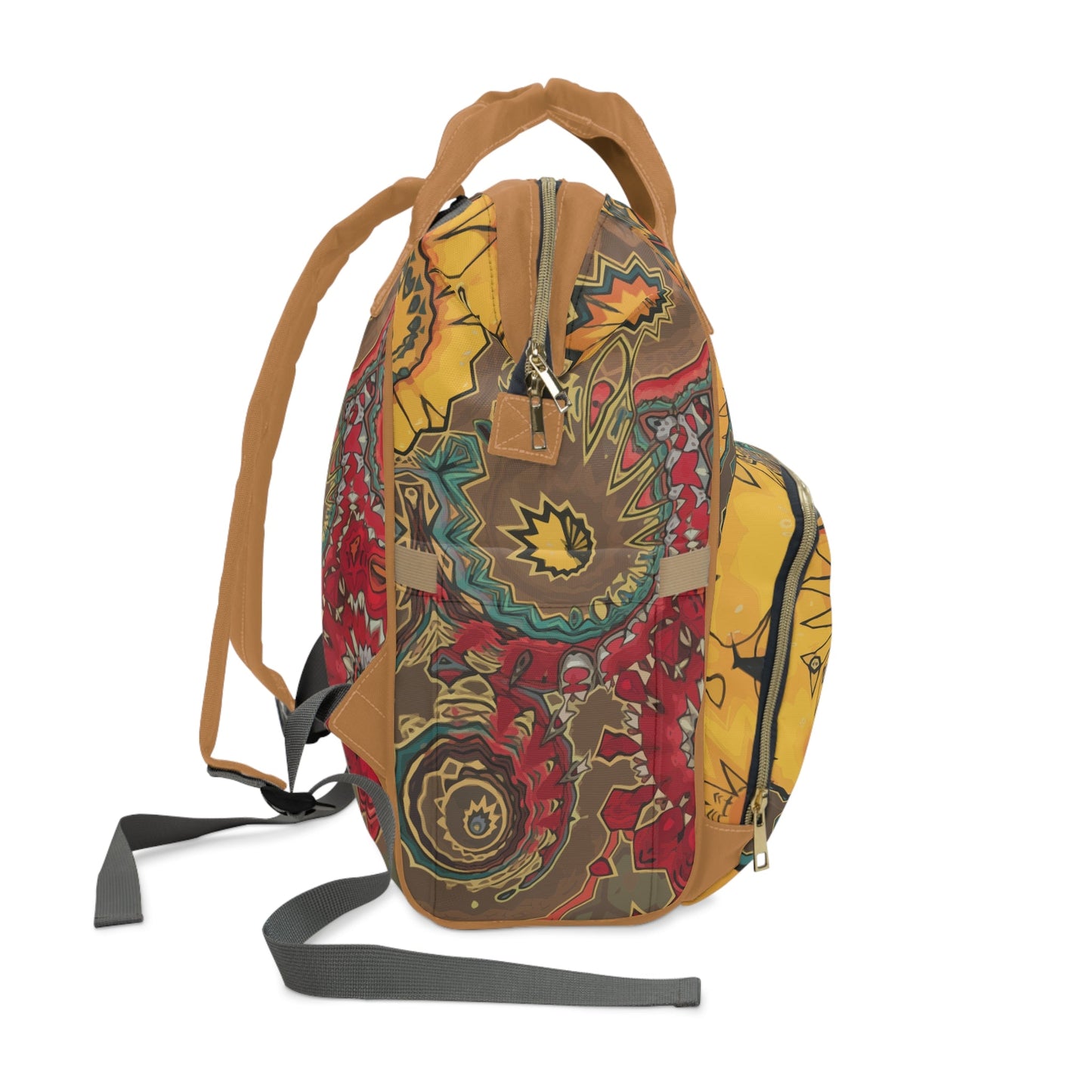 Boho Sunflower & Paisley Diaper Backpack – Warm Earth Tones Psychedelic Print | Cognac Handles | Large Capacity Nappy Bag | Bohemian Baby Shower Gift