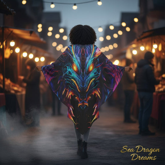 Back view of hooded neon dragon costume cape with wide, flowing cut