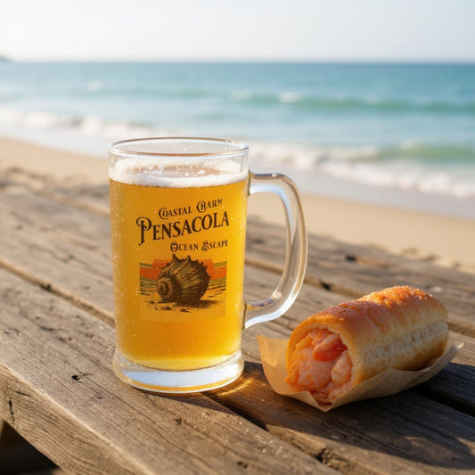Glass beer mug with Pensacola graphic, filled with amber drink, side handle