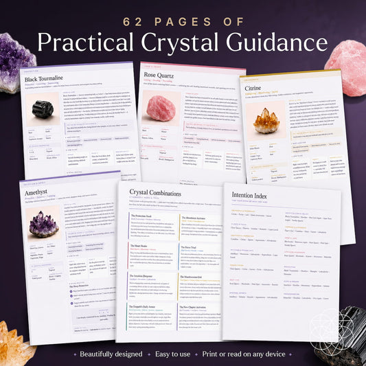 Open crystal handbook pages with sections for stone guides and combinations