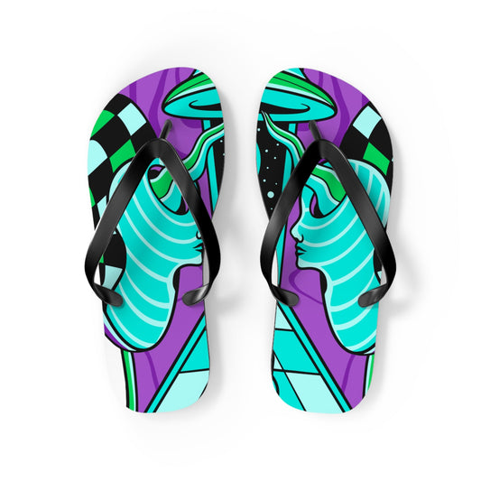 Pair of teal and purple patterned flip flops with black thong straps, side view