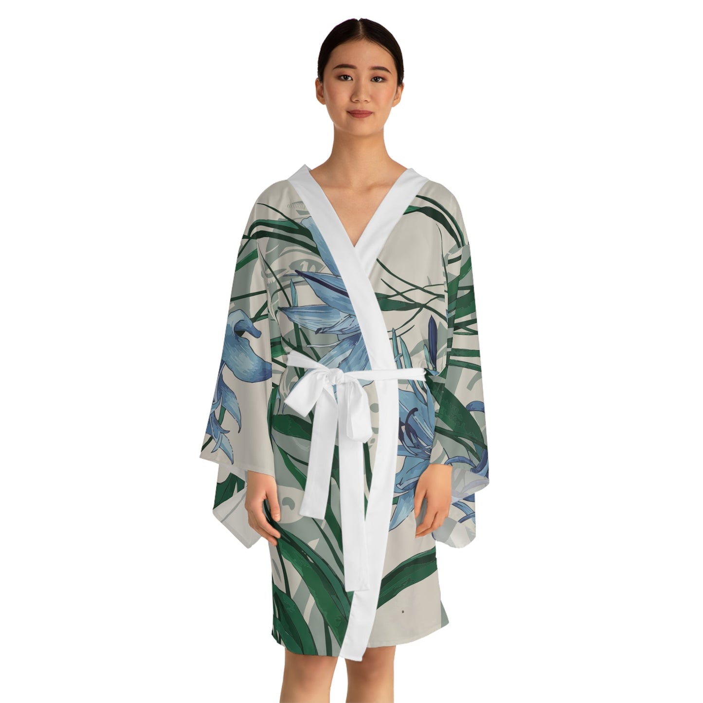 African Lily Kimono Robe - Long Sleeve Floral Wrap Cover-Up with Flowing Fit, Smooth Lightweight 100% Polyester, XS to 2XL
