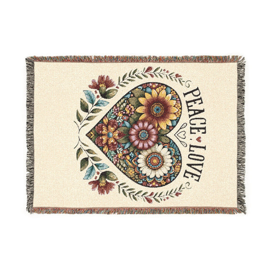 Peace Love Floral Heart Woven Tapestry Throw – Boho Botanical Sunflower & Wildflower Cotton Blanket | Fringe Edges | 3 Sizes | Cottagecore Home Decor Gift