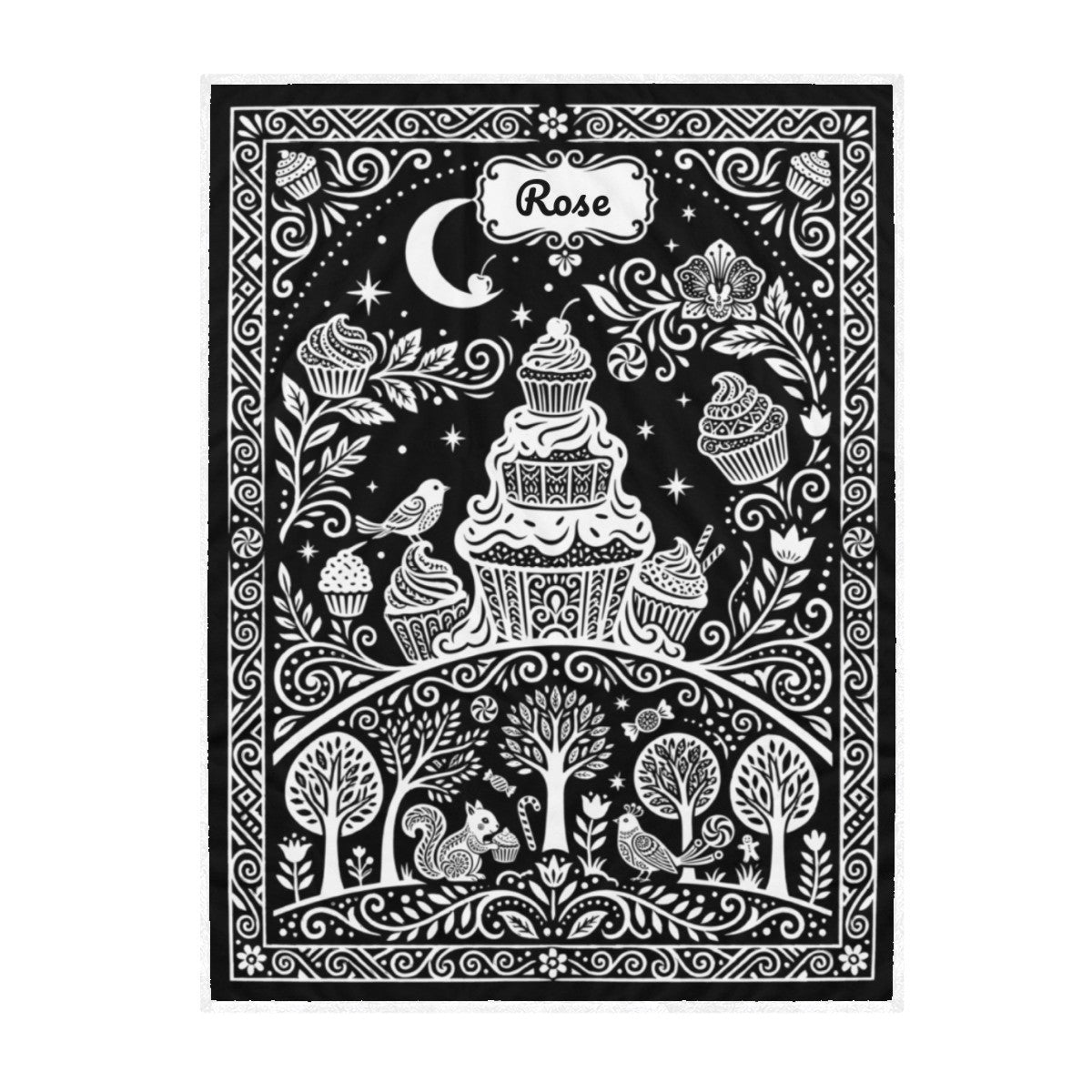 Coloring blanket panel with white cupcake tier, moon, birds, and swirling garden outlines