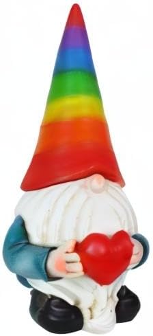 Solar garden gnome statue holding a red heart, rainbow hat, and blue sleeve tunic