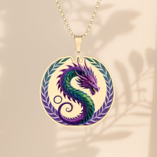 Dragon Pendant Necklace - Purple Green Fantasy Dragon on 18 Inch Chain, Engraved Stainless Steel Gold or Sterling Silver Dragon Gift