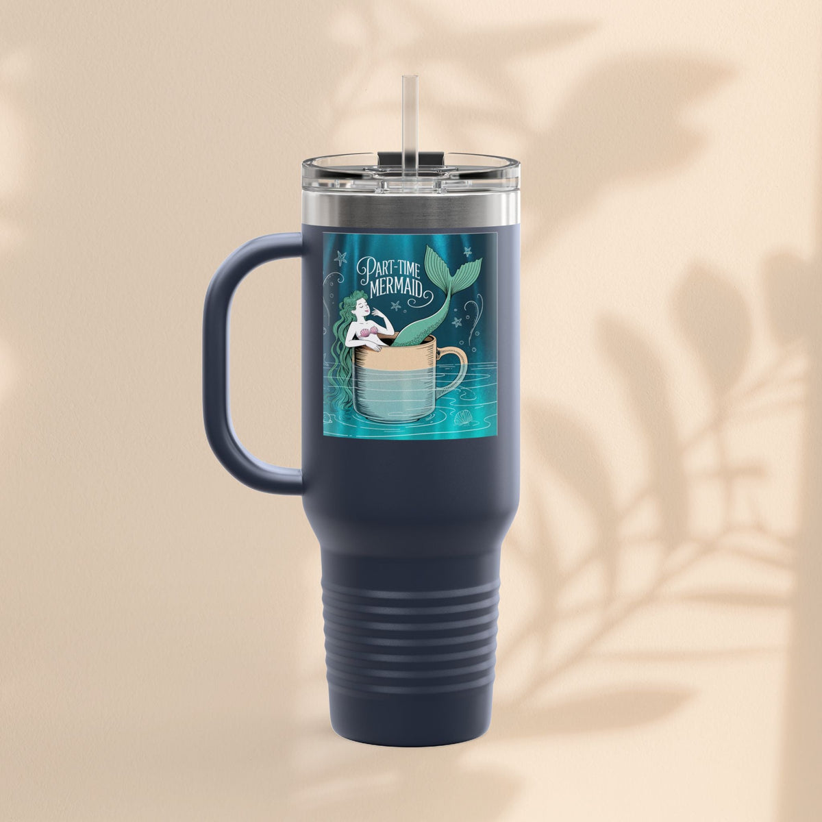 40oz insulated travel mug with mermaid graphic, navy blue body and clear straw lid